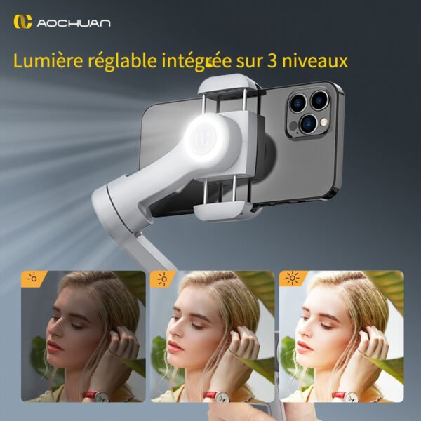 Stabilisateur de Gimbal AOCHUAN Xpro pour stabilité et anti-tremblement, peut être utilisé en main ou sur un trépied avec mode caméra recharge inversée, éclairage de remplissage intégré, affichage LED, télécommande, suivi du visage, contrôle gestuel, selfie, vlog, mode film – Image 13