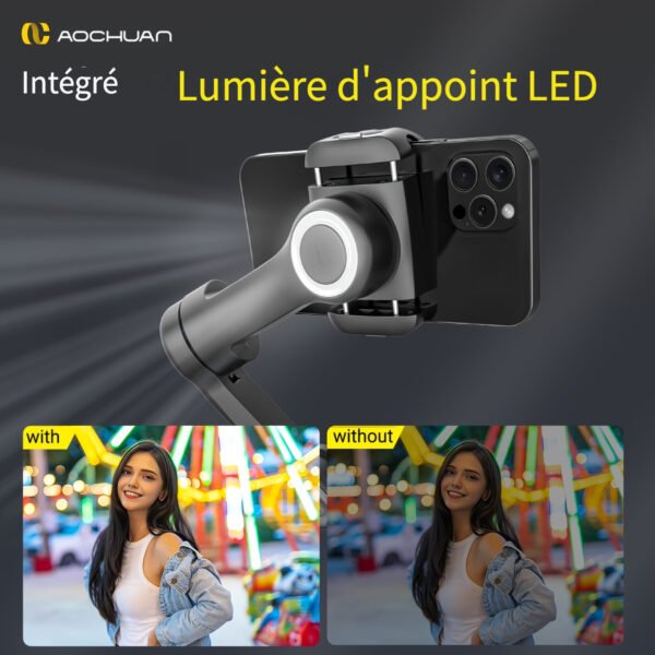 Stabilisateur de Gimbal AOCHUAN Xpro pour stabilité et anti-tremblement, peut être utilisé en main ou sur un trépied avec mode caméra recharge inversée, éclairage de remplissage intégré, affichage LED, télécommande, suivi du visage, contrôle gestuel, selfie, vlog, mode film – Image 4