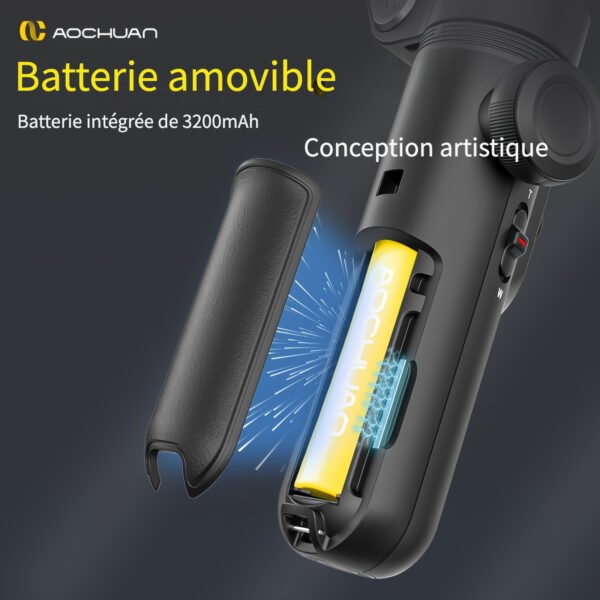 Stabilisateur de Gimbal AOCHUAN Xpro pour stabilité et anti-tremblement, peut être utilisé en main ou sur un trépied avec mode caméra recharge inversée, éclairage de remplissage intégré, affichage LED, télécommande, suivi du visage, contrôle gestuel, selfie, vlog, mode film – Image 8