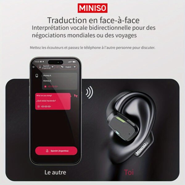 Écouteurs Sans Fil MINISO M98 avec Traduction IA - 135 Langues en Temps Réel, Conception Ouverte avec Écran Tactile Couleur et Retour Haptique, Autonomie de 35H, Micro Intégré, Chargement USB-C pour Jeux/Appels Téléphoniques/Musique, Outil de Traduction Multimédia, Casque Haut-De-Gamme – Image 6