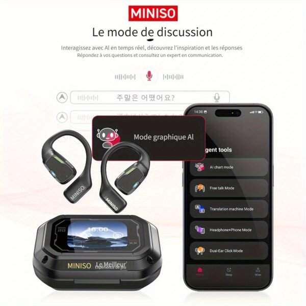 Écouteurs Sans Fil MINISO M98 avec Traduction IA - 135 Langues en Temps Réel, Conception Ouverte avec Écran Tactile Couleur et Retour Haptique, Autonomie de 35H, Micro Intégré, Chargement USB-C pour Jeux/Appels Téléphoniques/Musique, Outil de Traduction Multimédia, Casque Haut-De-Gamme – Image 4