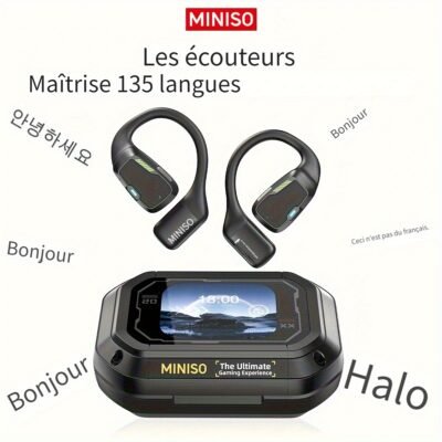 Écouteurs Sans Fil MINISO M98 avec Traduction IA - 135 Langues en Temps Réel, Conception Ouverte avec Écran Tactile Couleur et Retour Haptique, Autonomie de 35H, Micro Intégré, Chargement USB-C pour Jeux/Appels Téléphoniques/Musique, Outil de Traduction Multimédia, Casque Haut-De-Gamme