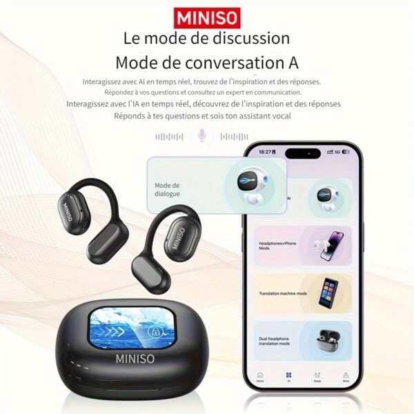 Écouteurs de Traduction Ouverts MINISO X30 AI | 135 Langues, Écran Tactile, Autonomie Longue Durée, Son Haute Qualité, Micro Intégré, Chargement USB | Idéal pour le Travail, les Voyages et l'Étude, Écouteurs Ergonomiques – Image 5