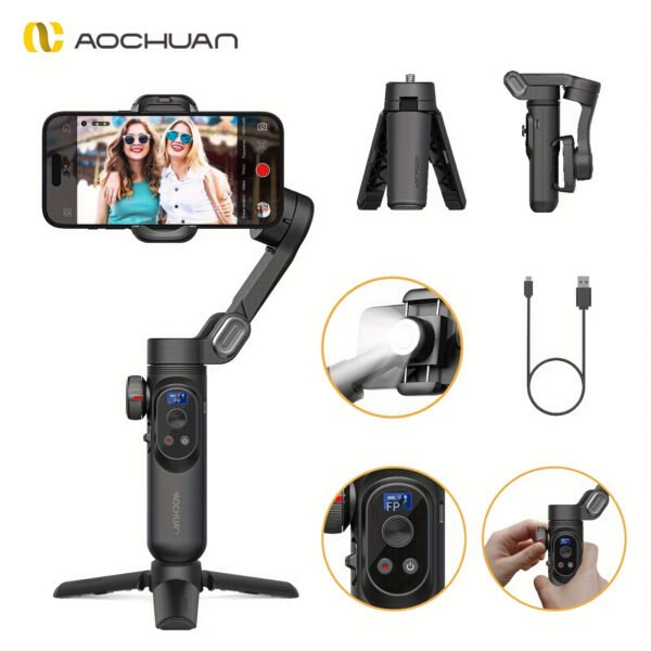 AOCHUAN Stabilisateur Intelligent pour Smartphone XPro avec Trépied, Suivi de Visage pour Sport en Plein Air et Diffusion en Direct, Application Anti-Vibration, Éclairage Intégré LED, Prise de Vue Autoportrait et Famille – Image 11