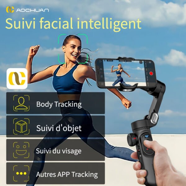 AOCHUAN Stabilisateur Intelligent pour Smartphone XPro avec Trépied, Suivi de Visage pour Sport en Plein Air et Diffusion en Direct, Application Anti-Vibration, Éclairage Intégré LED, Prise de Vue Autoportrait et Famille – Image 6