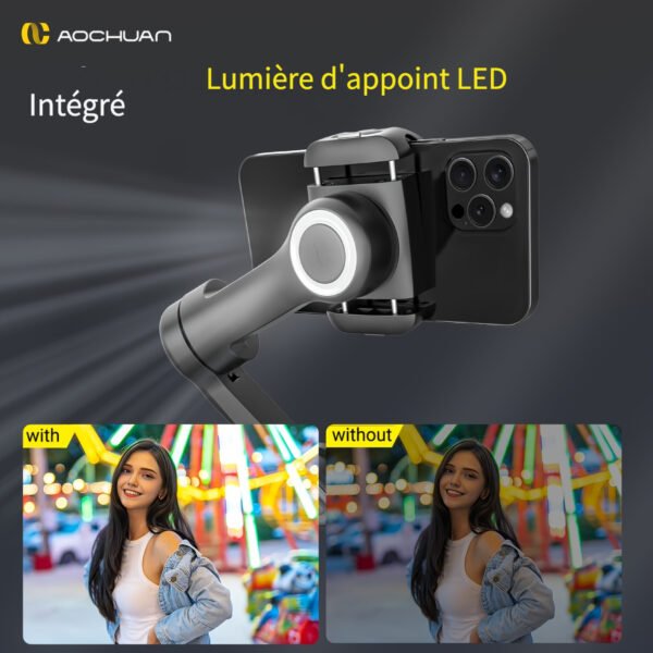 AOCHUAN Stabilisateur Intelligent pour Smartphone XPro avec Trépied, Suivi de Visage pour Sport en Plein Air et Diffusion en Direct, Application Anti-Vibration, Éclairage Intégré LED, Prise de Vue Autoportrait et Famille – Image 8