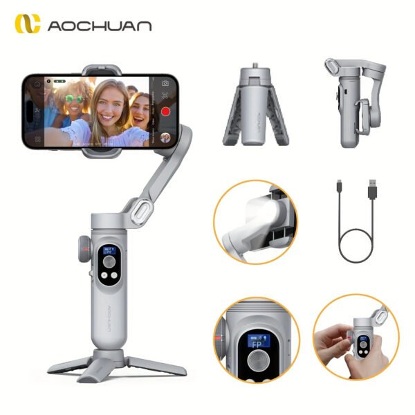 AOCHUAN Stabilisateur Intelligent pour Smartphone XPro avec Trépied, Suivi de Visage pour Sport en Plein Air et Diffusion en Direct, Application Anti-Vibration, Éclairage Intégré LED, Prise de Vue Autoportrait et Famille – Image 12