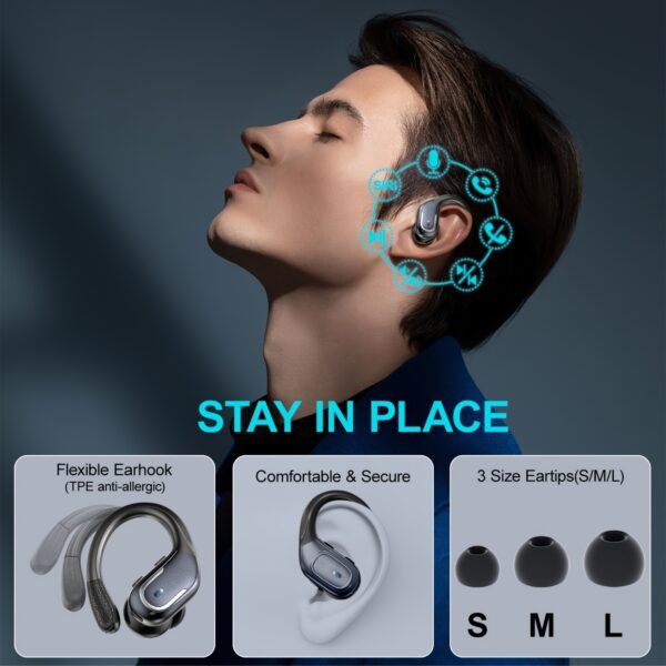 Écouteurs Sans Fil Nouveaux pour la Course et le Sport, Écouteurs avec Crochets d'Oreille Son Pur de Basse, Casque Sur Oreilles avec Affichage Double LED, Casque Réducteur de Bruit avec Microphone Intégré – Image 4