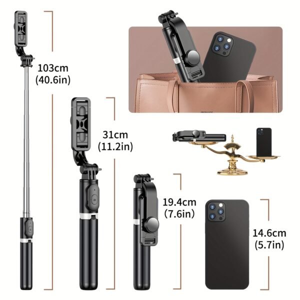 Trépied de perche à selfie pour téléphone portable de 40 po, support de trépied extensible tout-en-1 pour smartphone avec télécommande sans fil, rotation à 360° pour iPhone 14/13/12/12 Pro/11/11 Pro/XS/XR/X/8/7 Plus, pour les smartphones Samsung, Google, LG, Sony – Image 2