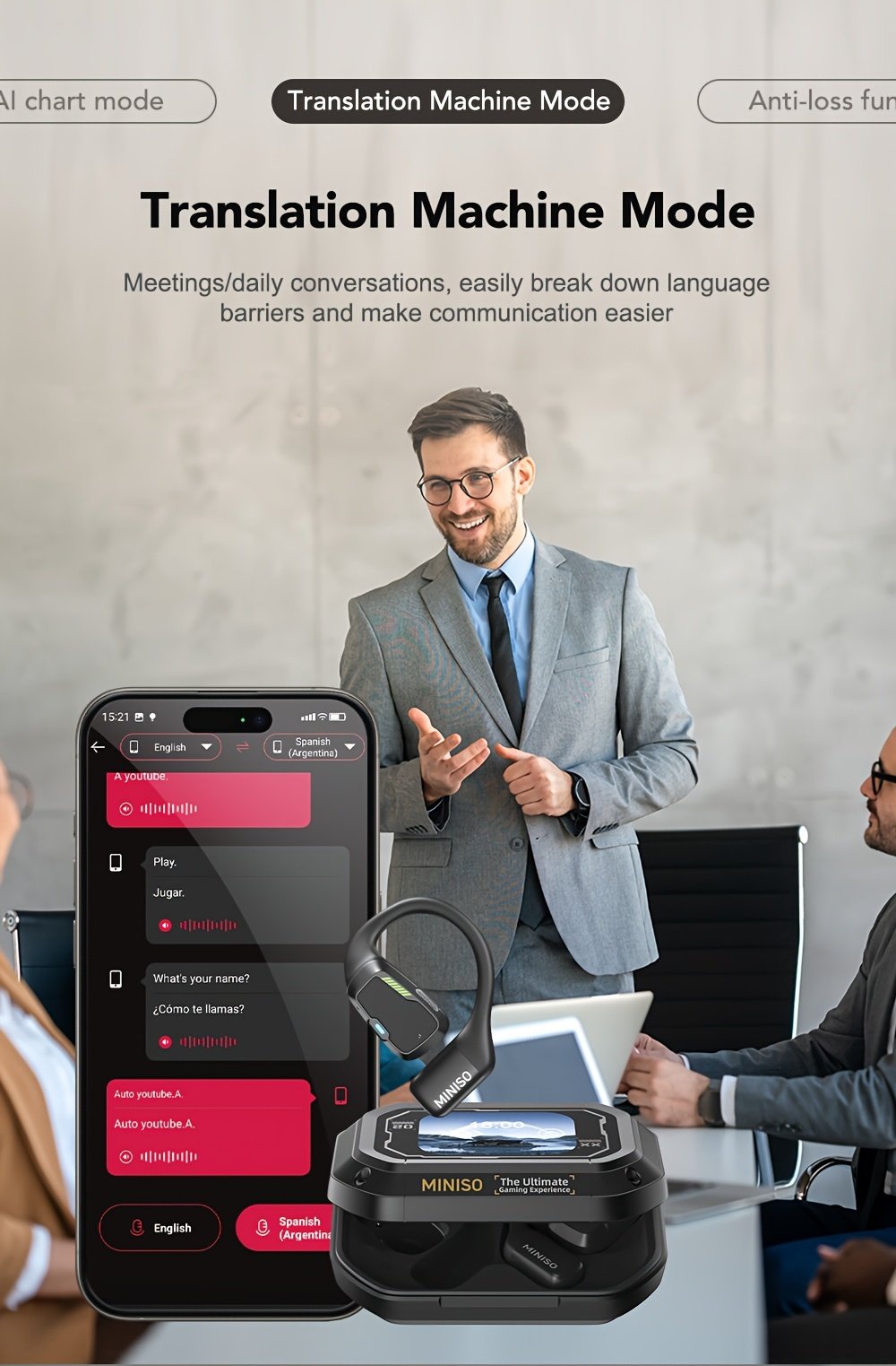 Écouteurs Sans Fil MINISO M98 avec Traduction IA - 135 Langues en Temps Réel, Conception Ouverte avec Écran Tactile Couleur et Retour Haptique, Autonomie de 35H, Micro Intégré, Chargement USB-C pour Jeux/Appels Téléphoniques/Musique, Outil de Traduction Multimédia, Casque Haut-De-Gamme