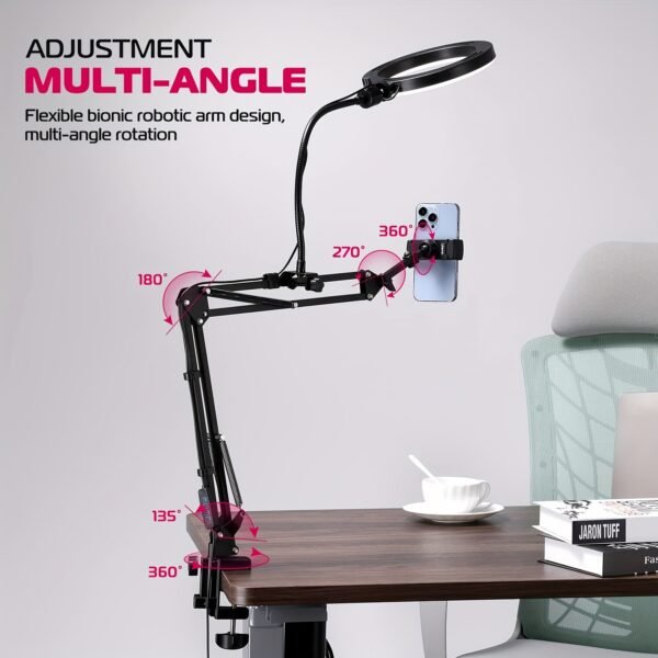 Support de téléphone en alliage d'aluminium réglable avec lumière à anneau, support d'armoire à dessus pour iPhone, support de bureau multi-usage pour streaming en direct, cuisine, peinture, nail art, accessoire de cuisine | Finition noire élégante | Bras réglable, support de téléphone pour bureau – Image 4