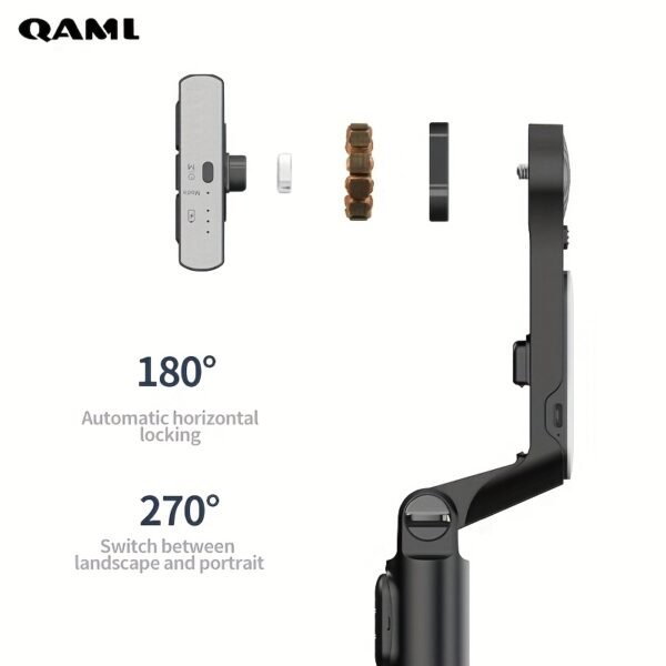 QAML A6 2025 Stabilisateur de cardan portable avec trépied à perche à selfie, télécommande sans fil, 1 axe pour smartphone, batterie lithium-polymère rechargeable de 400 mAh, chargement USB, matériau ABS, compatible avec les appareils iPhone et Android – Image 8