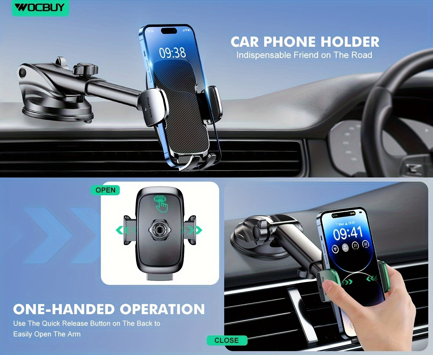 Support de Téléphone pour Voiture WOCBUY [Ventouse Forte et Base Robuste], [Protection en Silicone et Libération à Un Bouton] Support de Téléphone à Ventouse pour Tableau de Bord, Compatible avec Téléphones de 10.16cm à 17.78cm