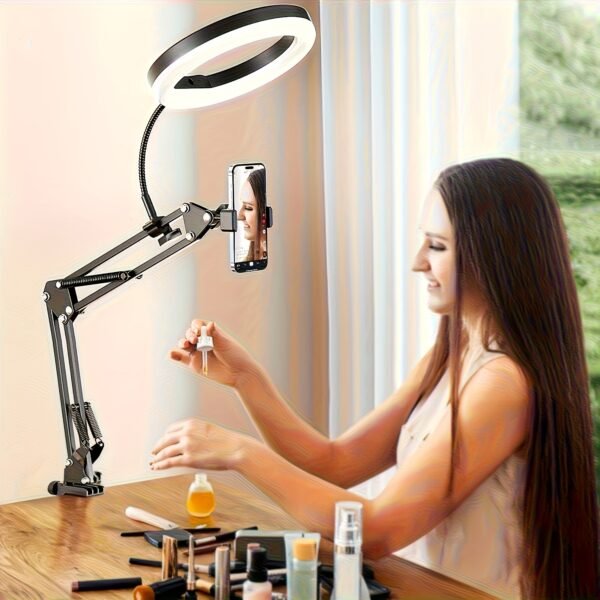 Support de Téléphone pour Caméra Suspendue Amélioré, Support de Téléphone avec Lumière d'Anneau pour Enregistrement, Support de Bureau Flexiblement Suspendu pour Cuisine/Photographie/Maquillage/Manucure/Streaming en Direct/Réunions Zoom