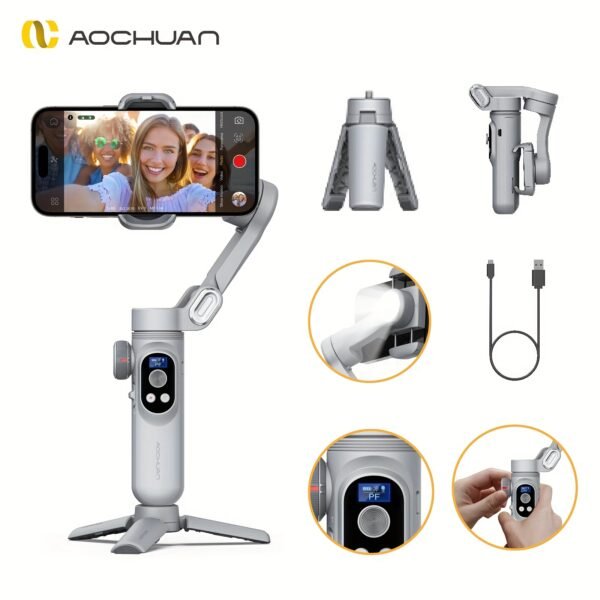 Stabilisateur de Gimbal AOCHUAN Xpro pour stabilité et anti-tremblement, peut être utilisé en main ou sur un trépied avec mode caméra recharge inversée, éclairage de remplissage intégré, affichage LED, télécommande, suivi du visage, contrôle gestuel, selfie, vlog, mode film – Image 7