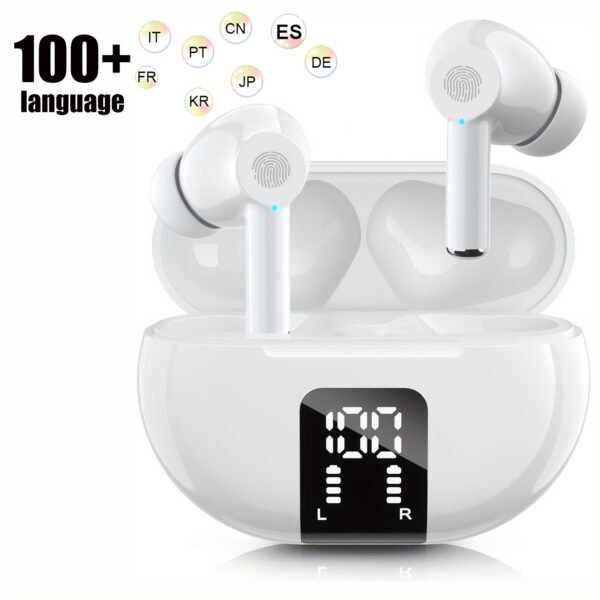 Écouteurs de Traduction en Temps Réel pour Plus de 100 Langues avec Contrôle par Application, Traduction Voix & Vidéo Bidirectionnelle pour Voyage, Affaires & Cadeaux, Rechargeables par USB, Sans Fil, Compatibles avec iOS & Android, Prise en Charge de 150 Langues, Écouteurs de Traduction pour Voyage | Design Compact | Support Multilingue
