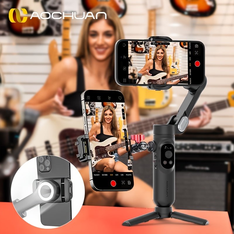 Stabilisateur de Téléphone Portable Aochuan à 3 Axes Anti-vibration pour Création Vidéo, Adapté aux Enregistrements et Tournages VLOG, avec Lumière Intégrée et Suivi Visage