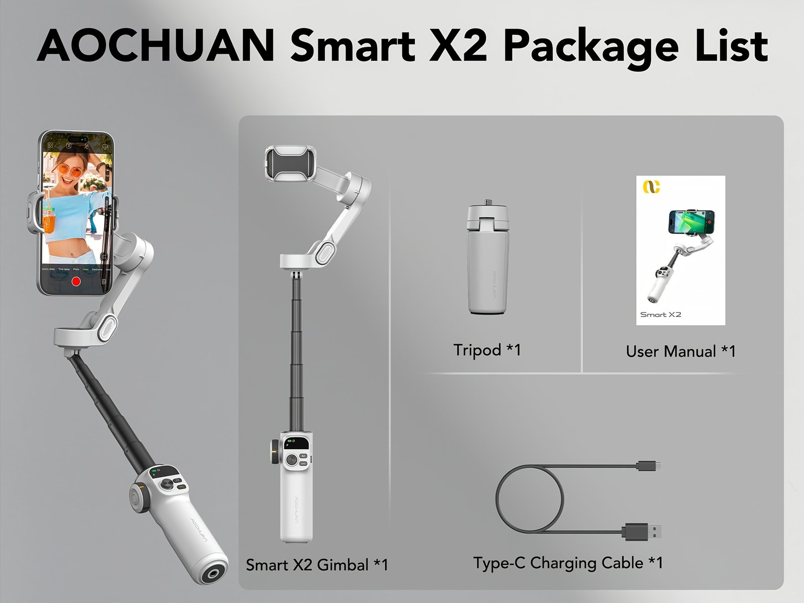 AOCHUAN Smart X2 Stabilisateur de Téléphone Gimbal pour Sport en Plein Air, Trépied à Déclencheur Automatique, Réglage Pliable avec Affichage LED au Sol, Contrôle par Gestes, Suivi de Visage et Corps, Fonction Anti-secousse