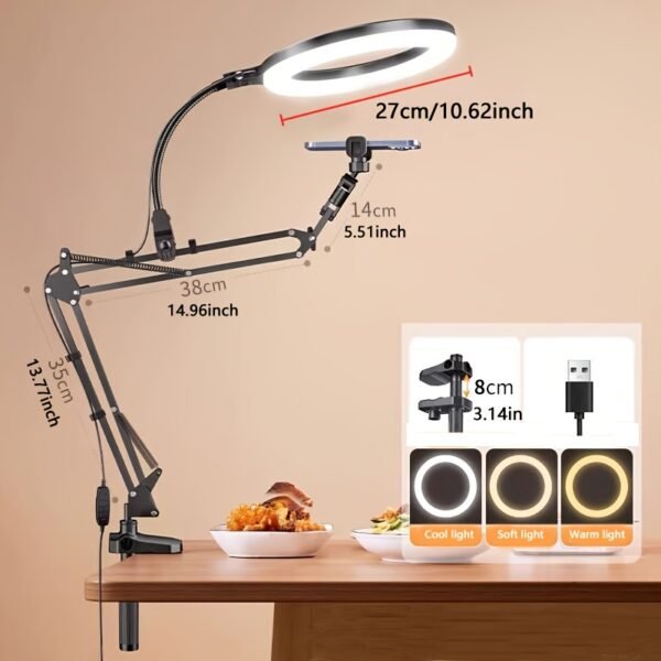 Support de Téléphone pour Caméra Suspendue Amélioré, Support de Téléphone avec Lumière d'Anneau pour Enregistrement, Support de Bureau Flexiblement Suspendu pour Cuisine/Photographie/Maquillage/Manucure/Streaming en Direct/Réunions Zoom – Image 4
