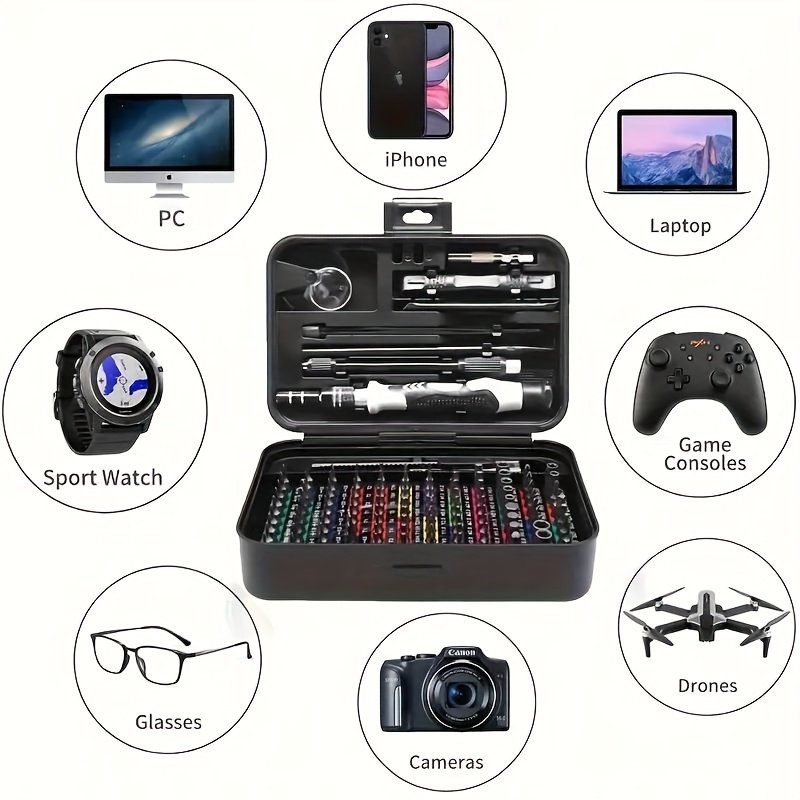 Kit de Réparation pour Téléphone Mobile avec Ensemble de Tournevis, Boîte Magnétique Incluant une Barre à Levier, Ventouse, Pincettes, Pinces et 108 Embouts pour Réparations Quotidiennes - Adapté aux Ordinateurs Personnels, Ordinateurs Portables, Téléphones Mobiles, Consoles de Jeux, Caméras, Lunettes, etc