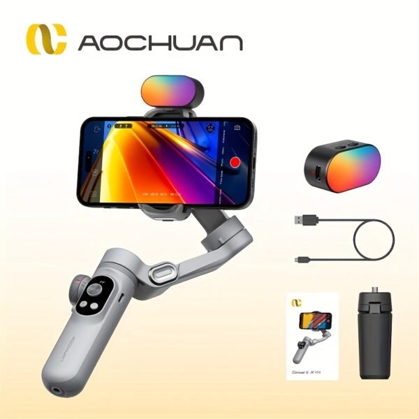 Stabilisateur de Gimbal AOCHUAN Xpro pour stabilité et anti-tremblement, peut être utilisé en main ou sur un trépied avec mode caméra recharge inversée, éclairage de remplissage intégré, affichage LED, télécommande, suivi du visage, contrôle gestuel, selfie, vlog, mode film – Image 11