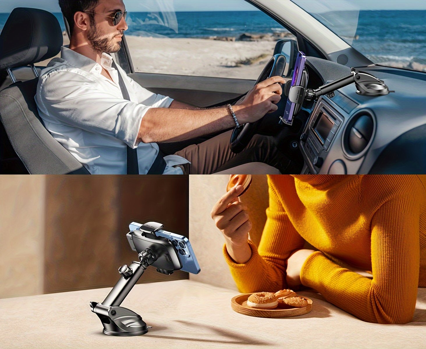 Support de Téléphone pour Voiture WOCBUY [Ventouse Forte et Base Robuste], [Protection en Silicone et Libération à Un Bouton] Support de Téléphone à Ventouse pour Tableau de Bord, Compatible avec Téléphones de 10.16cm à 17.78cm