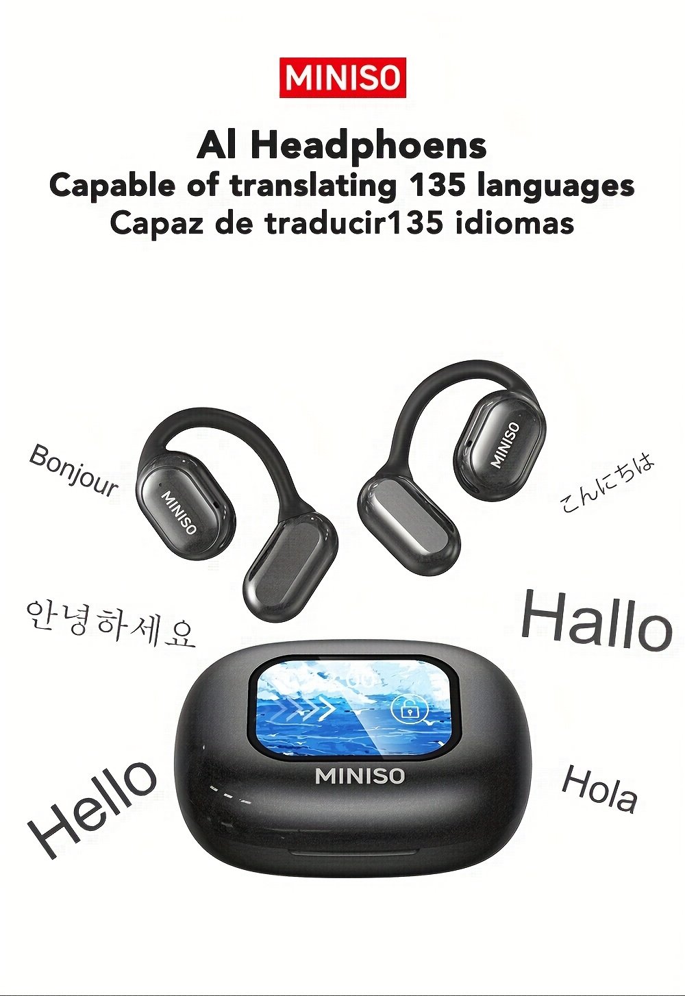 Écouteurs de Traduction Ouverts MINISO X30 AI | 135 Langues, Écran Tactile, Autonomie Longue Durée, Son Haute Qualité, Micro Intégré, Chargement USB | Idéal pour le Travail, les Voyages et l'Étude, Écouteurs Ergonomiques