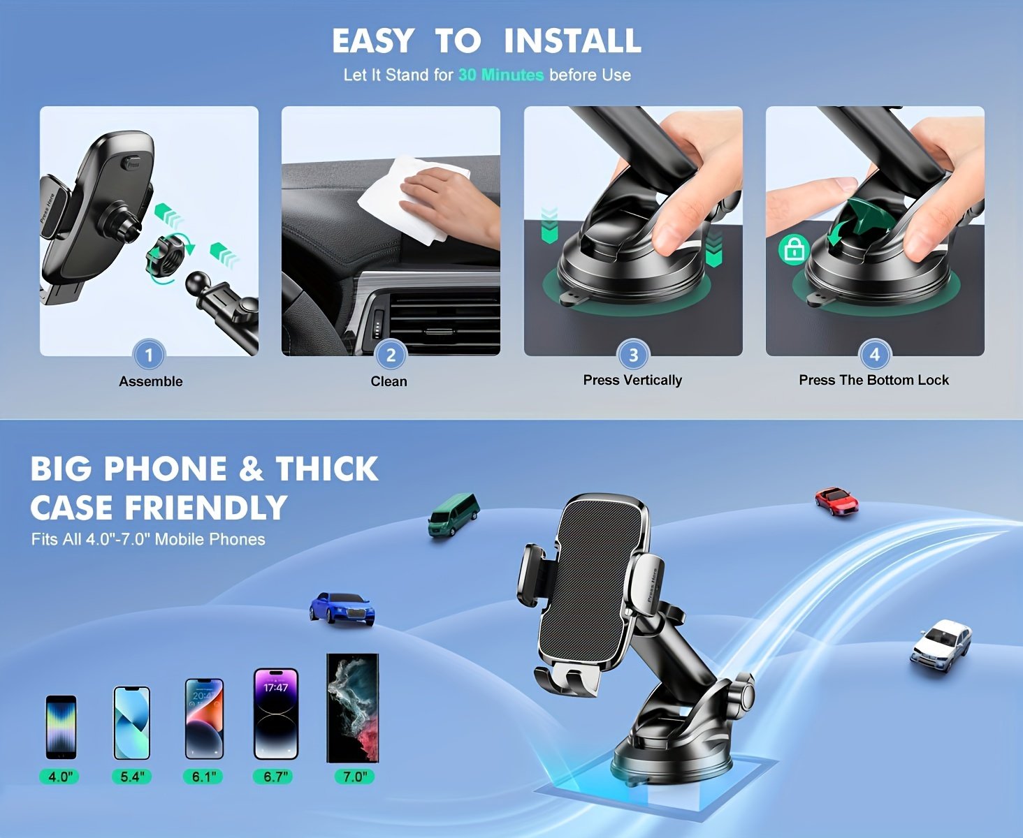 Support de Téléphone pour Voiture WOCBUY [Ventouse Forte et Base Robuste], [Protection en Silicone et Libération à Un Bouton] Support de Téléphone à Ventouse pour Tableau de Bord, Compatible avec Téléphones de 10.16cm à 17.78cm