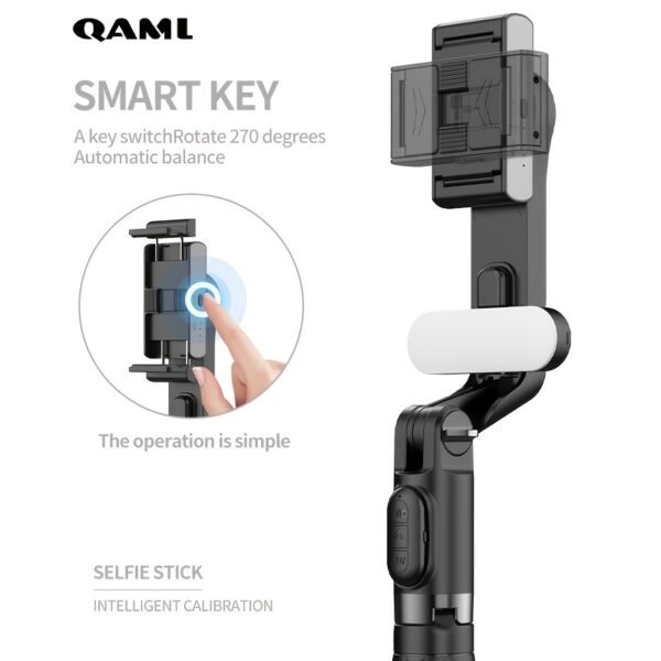 QAML A6 2025 Stabilisateur de cardan portable avec trépied à perche à selfie, télécommande sans fil, 1 axe pour smartphone, batterie lithium-polymère rechargeable de 400 mAh, chargement USB, matériau ABS, compatible avec les appareils iPhone et Android – Image 7
