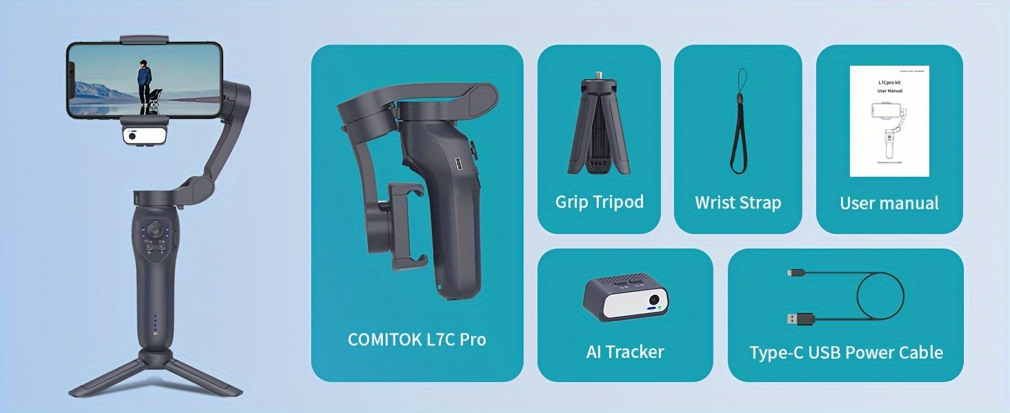 COMITOK L7C gimbal portable à 3 axes intelligent, peut être utilisé pour filmer des vidéos fluides, diffusions en direct, contrôle de geste intelligent et prises de vue de suivi, avec lumière d'appoint intégrée, artefact de prise de vue vlog selfie pour téléphone portable multi-scènes