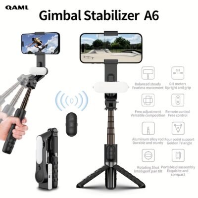 QAML A6 2025 Stabilisateur de cardan portable avec trépied à perche à selfie, télécommande sans fil, 1 axe pour smartphone, batterie lithium-polymère rechargeable de 400 mAh, chargement USB, matériau ABS, compatible avec les appareils iPhone et Android