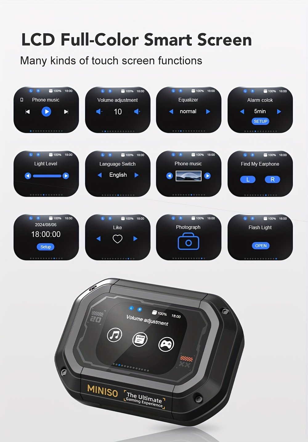 Écouteurs Sans Fil MINISO M98 avec Traduction IA - 135 Langues en Temps Réel, Conception Ouverte avec Écran Tactile Couleur et Retour Haptique, Autonomie de 35H, Micro Intégré, Chargement USB-C pour Jeux/Appels Téléphoniques/Musique, Outil de Traduction Multimédia, Casque Haut-De-Gamme