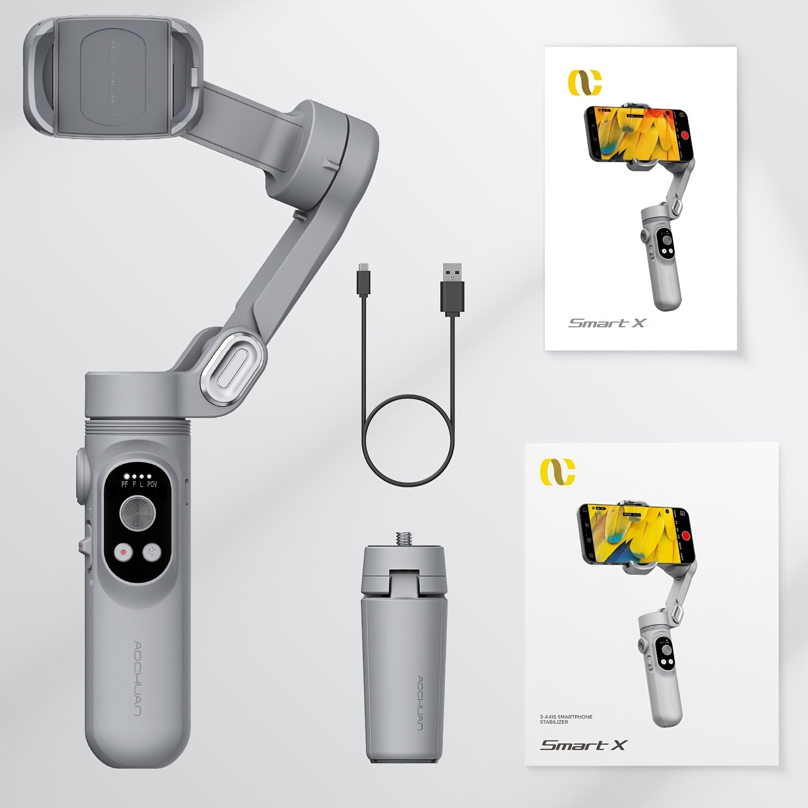 Stabilisateur de Téléphone Portable Aochuan à 3 Axes Anti-vibration pour Création Vidéo, Adapté aux Enregistrements et Tournages VLOG, avec Lumière Intégrée et Suivi Visage