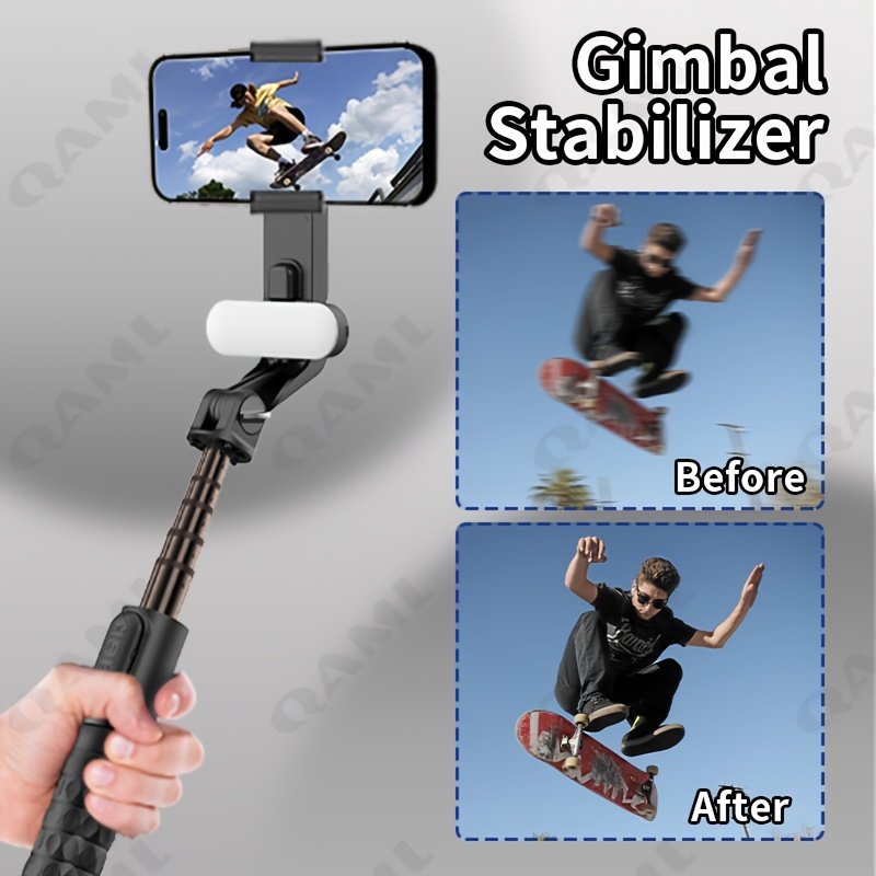 QAML A6 2025 Stabilisateur de cardan portable avec trépied à perche à selfie, télécommande sans fil, 1 axe pour smartphone, batterie lithium-polymère rechargeable de 400 mAh, chargement USB, matériau ABS, compatible avec les appareils iPhone et Android