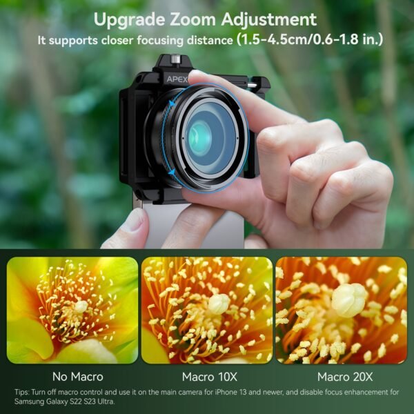 Objectif Macro DSLR Zoom 2en1 APEXEL, Grande Ouverture F1.05, Équipé d'un Filtre CPL de 37mm, Clip Extensible Universel Léger de 88g pour iPhone, Samsung, Huawei, Xiaomi et la Plupart des Smartphones – Image 5