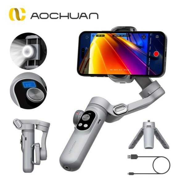 Stabilisateur de Gimbal AOCHUAN Xpro pour stabilité et anti-tremblement, peut être utilisé en main ou sur un trépied avec mode caméra recharge inversée, éclairage de remplissage intégré, affichage LED, télécommande, suivi du visage, contrôle gestuel, selfie, vlog, mode film – Image 3
