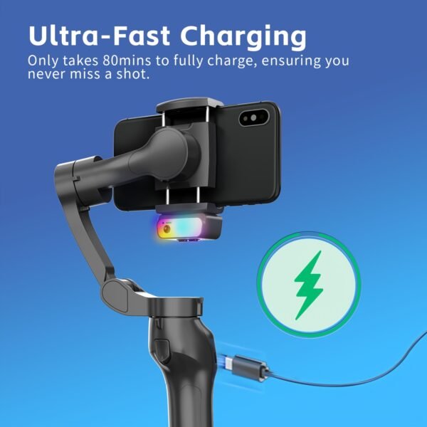 Trépied pour téléphone portable à 3 axes nouveau, stabilisateur de tête d'iPhone intelligent avec lumière supplémentaire RVB et trépied, équilibre anti-secousse et suivi de visage, stabilisateur de prise de vue vidéo, cadeaux de Noël et Nouvel An, compatible avec les téléphones Apple – Image 4
