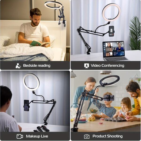 Support de téléphone en alliage d'aluminium réglable avec lumière à anneau, support d'armoire à dessus pour iPhone, support de bureau multi-usage pour streaming en direct, cuisine, peinture, nail art, accessoire de cuisine | Finition noire élégante | Bras réglable, support de téléphone pour bureau – Image 9