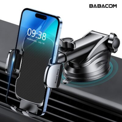 Support de téléphone pour voiture [Ventouse puissante et base solide], [Protection en silicone et libération par un bouton] Support de téléphone à ventouse pour tableau de bord, compatible avec des téléphones de 10.16 cm à 17.78 cm