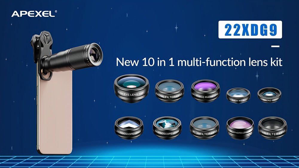 Kit d'Objectifs pour Téléphone APEXEL 10 en 1 - Objectif Télescopique 22X, Objectif Œil de Poisson 198°, Objectif Grand Angle et Objectif Macro (Vissés Ensemble), Kit de Photographie pour iPhone 16/15/14/13 Pro Max, Samsung et la Plupart des Smartphones