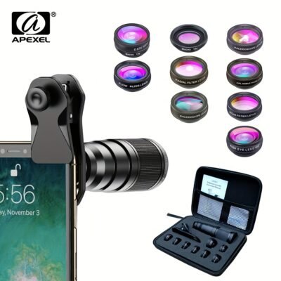 Kit d'Objectifs APEXEL 10 en 1 pour Téléphone avec Objectif Pois, Macro Large, Filtre Étoile et CPL pour iPhone 11, Samsung Redmi et tous les Smartphones