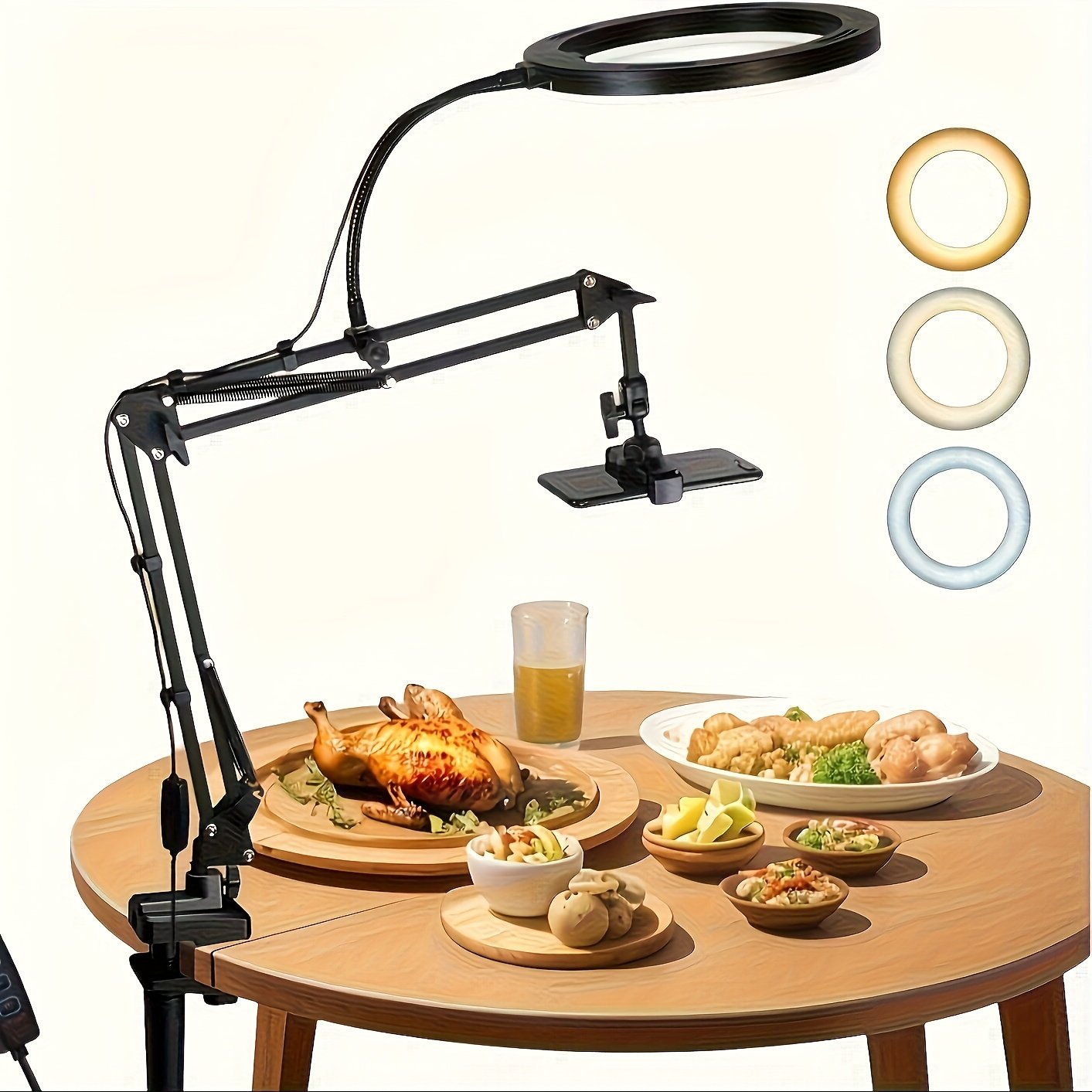 Support de Téléphone pour Caméra Suspendue Amélioré, Support de Téléphone avec Lumière d'Anneau pour Enregistrement, Support de Bureau Flexiblement Suspendu pour Cuisine/Photographie/Maquillage/Manucure/Streaming en Direct/Réunions Zoom