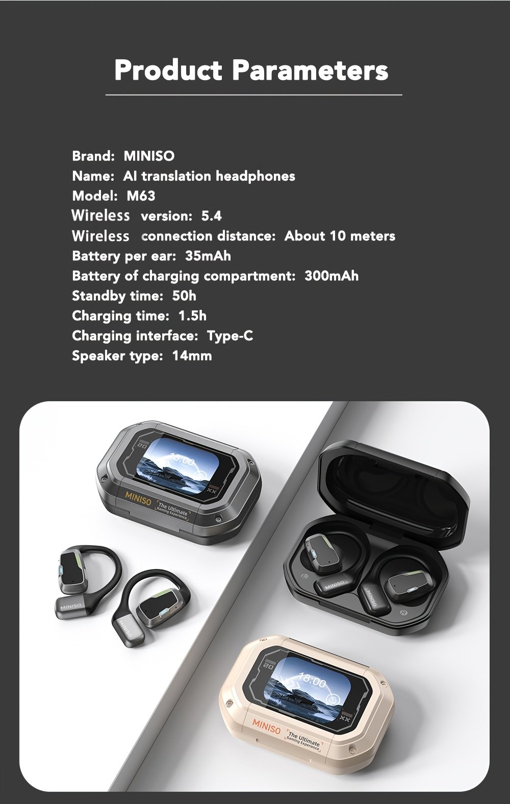 Écouteurs Sans Fil MINISO M98 avec Traduction IA - 135 Langues en Temps Réel, Conception Ouverte avec Écran Tactile Couleur et Retour Haptique, Autonomie de 35H, Micro Intégré, Chargement USB-C pour Jeux/Appels Téléphoniques/Musique, Outil de Traduction Multimédia, Casque Haut-De-Gamme