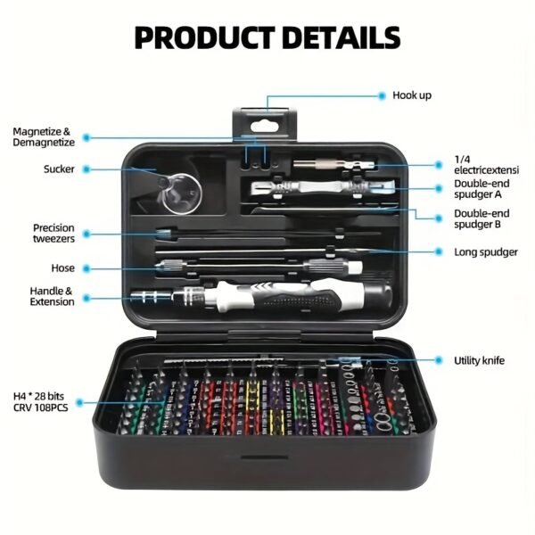 Kit de Réparation pour Téléphone Mobile avec Ensemble de Tournevis, Boîte Magnétique Incluant une Barre à Levier, Ventouse, Pincettes, Pinces et 108 Embouts pour Réparations Quotidiennes - Adapté aux Ordinateurs Personnels, Ordinateurs Portables, Téléphones Mobiles, Consoles de Jeux, Caméras, Lunettes, etc (Copie) – Image 5