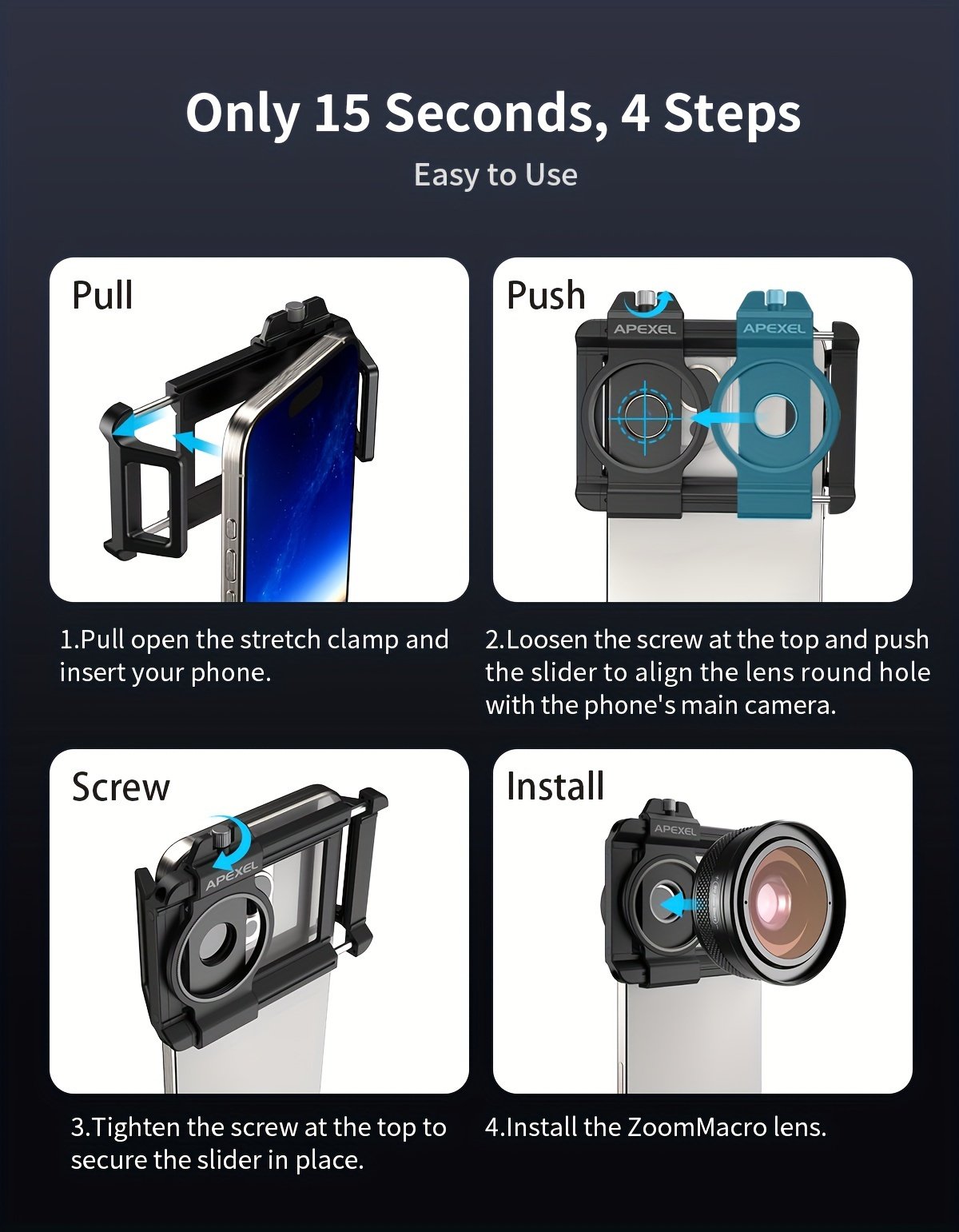 Objectif Macro DSLR Zoom 2en1 APEXEL, Grande Ouverture F1.05, Équipé d'un Filtre CPL de 37mm, Clip Extensible Universel Léger de 88g pour iPhone, Samsung, Huawei, Xiaomi et la Plupart des Smartphones