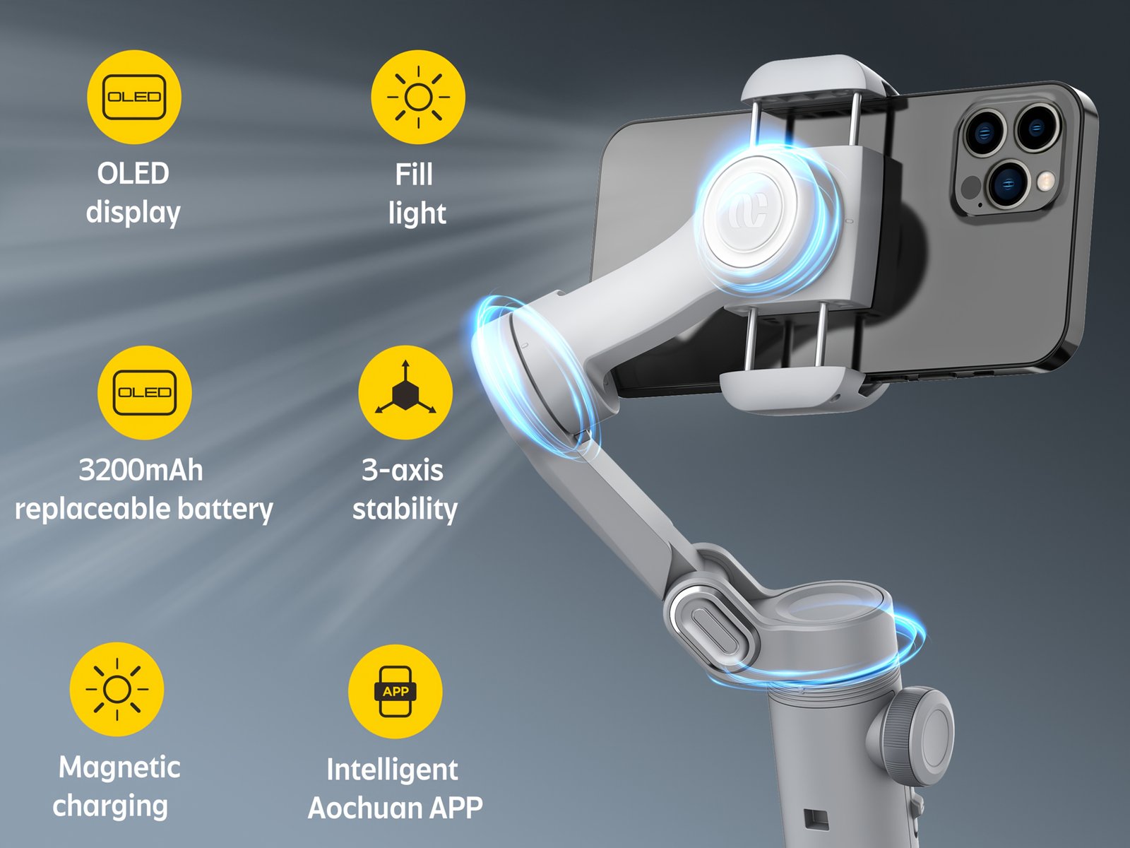 Stabilisateur de Gimbal AOCHUAN Xpro pour stabilité et anti-tremblement, peut être utilisé en main ou sur un trépied avec mode caméra recharge inversée, éclairage de remplissage intégré, affichage LED, télécommande, suivi du visage, contrôle gestuel, selfie, vlog, mode film