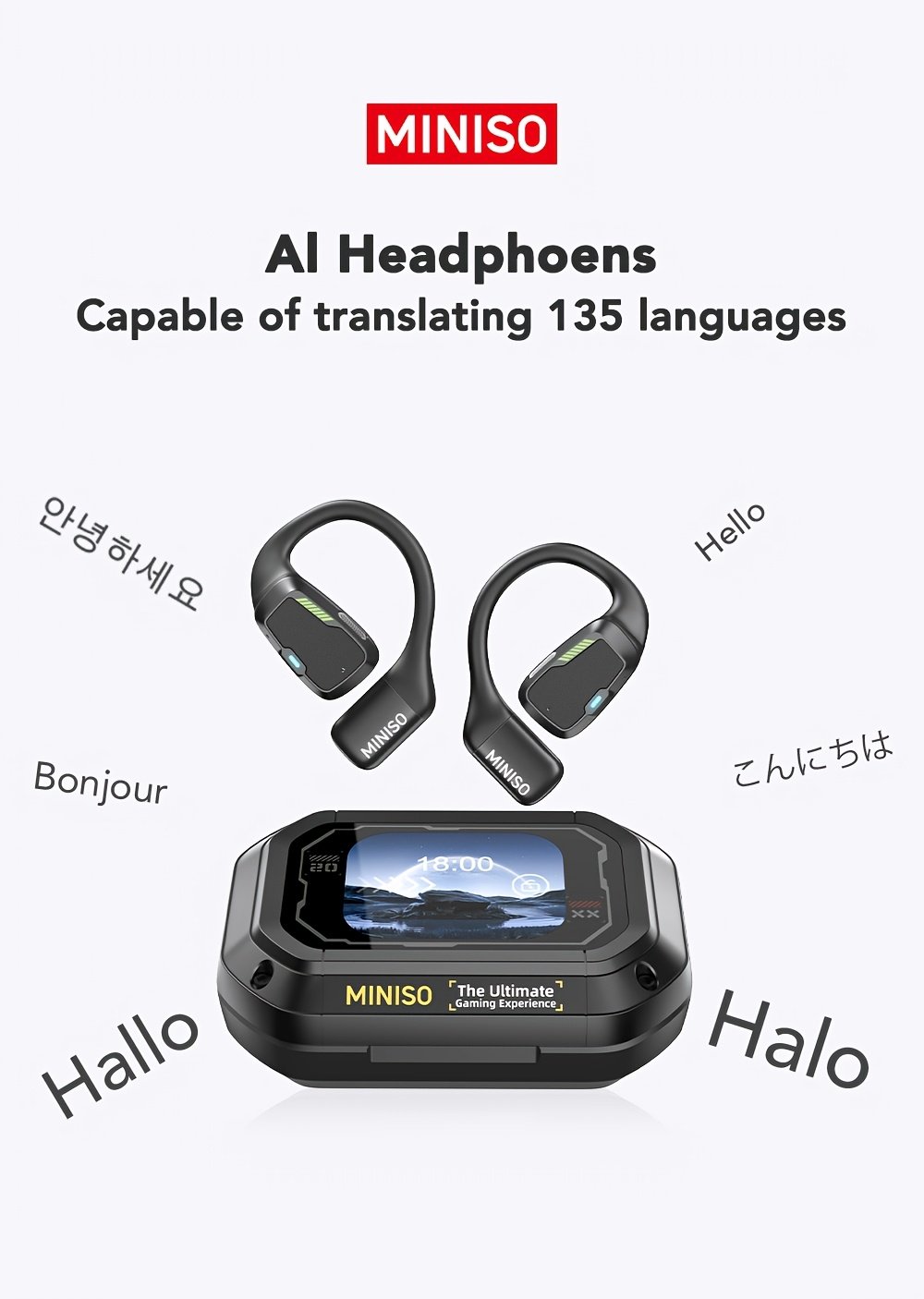Écouteurs Sans Fil MINISO M98 avec Traduction IA - 135 Langues en Temps Réel, Conception Ouverte avec Écran Tactile Couleur et Retour Haptique, Autonomie de 35H, Micro Intégré, Chargement USB-C pour Jeux/Appels Téléphoniques/Musique, Outil de Traduction Multimédia, Casque Haut-De-Gamme