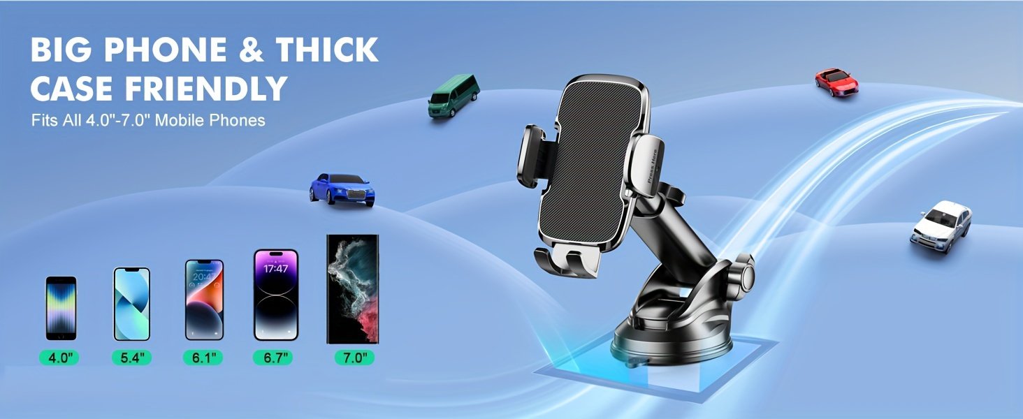 Support de téléphone pour voiture [Ventouse puissante et base solide], [Protection en silicone et libération par un bouton] Support de téléphone à ventouse pour tableau de bord, compatible avec des téléphones de 10.16 cm à 17.78 cm