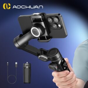 Stabilisateur de Gimbal AOCHUAN Xpro pour stabilité et anti-tremblement, peut être utilisé en main ou sur un trépied avec mode caméra recharge inversée, éclairage de remplissage intégré, affichage LED, télécommande, suivi du visage, contrôle gestuel, selfie, vlog, mode film