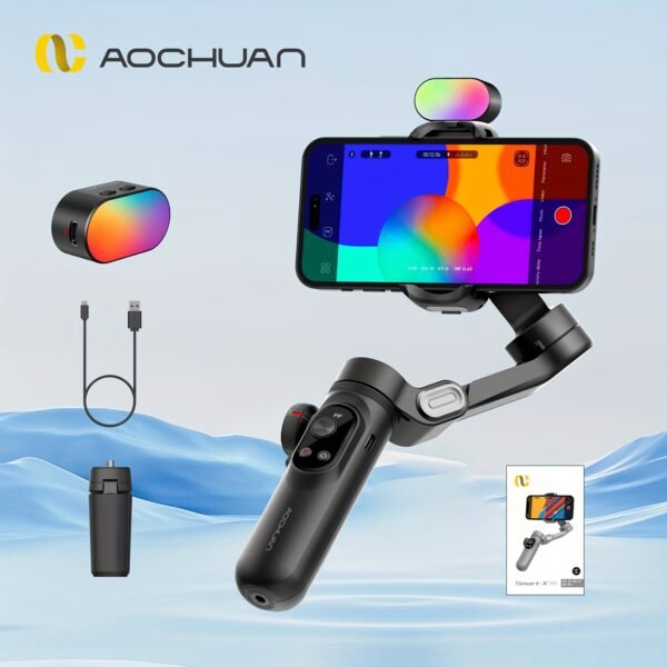 Stabilisateur de Gimbal AOCHUAN Xpro pour stabilité et anti-tremblement, peut être utilisé en main ou sur un trépied avec mode caméra recharge inversée, éclairage de remplissage intégré, affichage LED, télécommande, suivi du visage, contrôle gestuel, selfie, vlog, mode film – Image 9